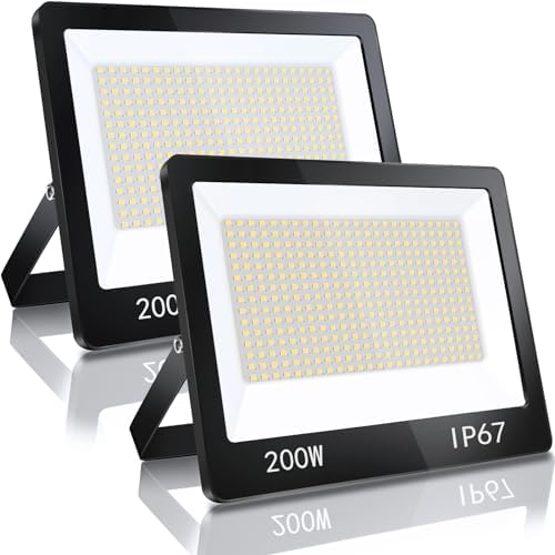 YIQIBRO 200W LED Floodlight Outdoor 2 Pack, 20000LM 7000K Super Bright Security Light, IP67 Waterproof LED Spotlight Wall Light for Garden, Garage, Yard, Factory, Warehouse