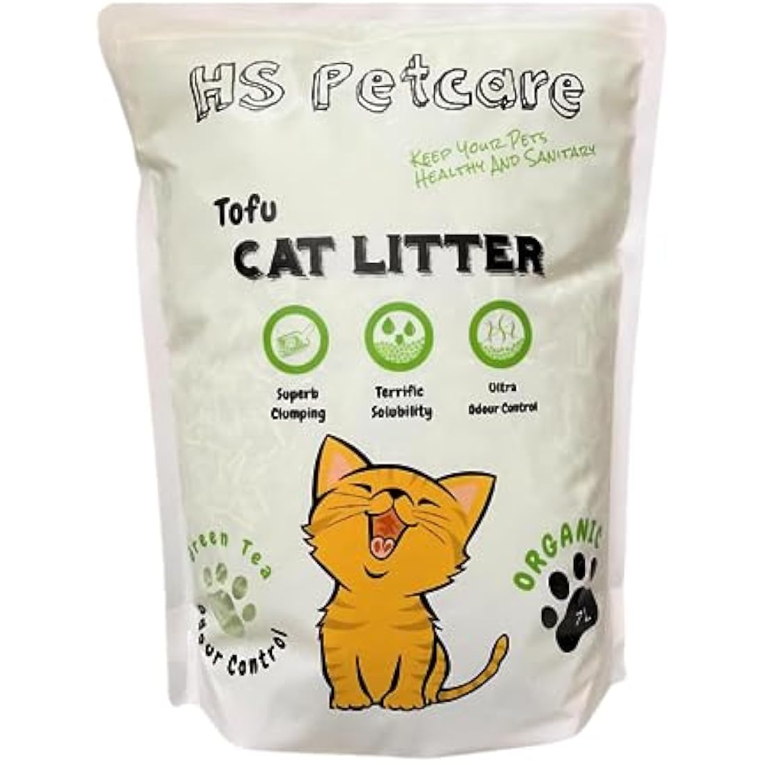 HS Petcare Organic Tofu Cat Litter Original Scent, Ultra clumping, Great odour control, Flushable reduce waste, Long lasting Dust free (Pack of 3 (21L), Green Tea/Matcha)