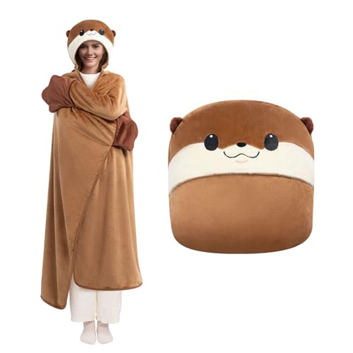 Mewaii Oversized Wearable Blanket Hoodie  Kawaii Otter Hooded Cloak, Soft Plush Flannel Blanket Hoodie, Unisex Cozy Blanket for Kids, Women,