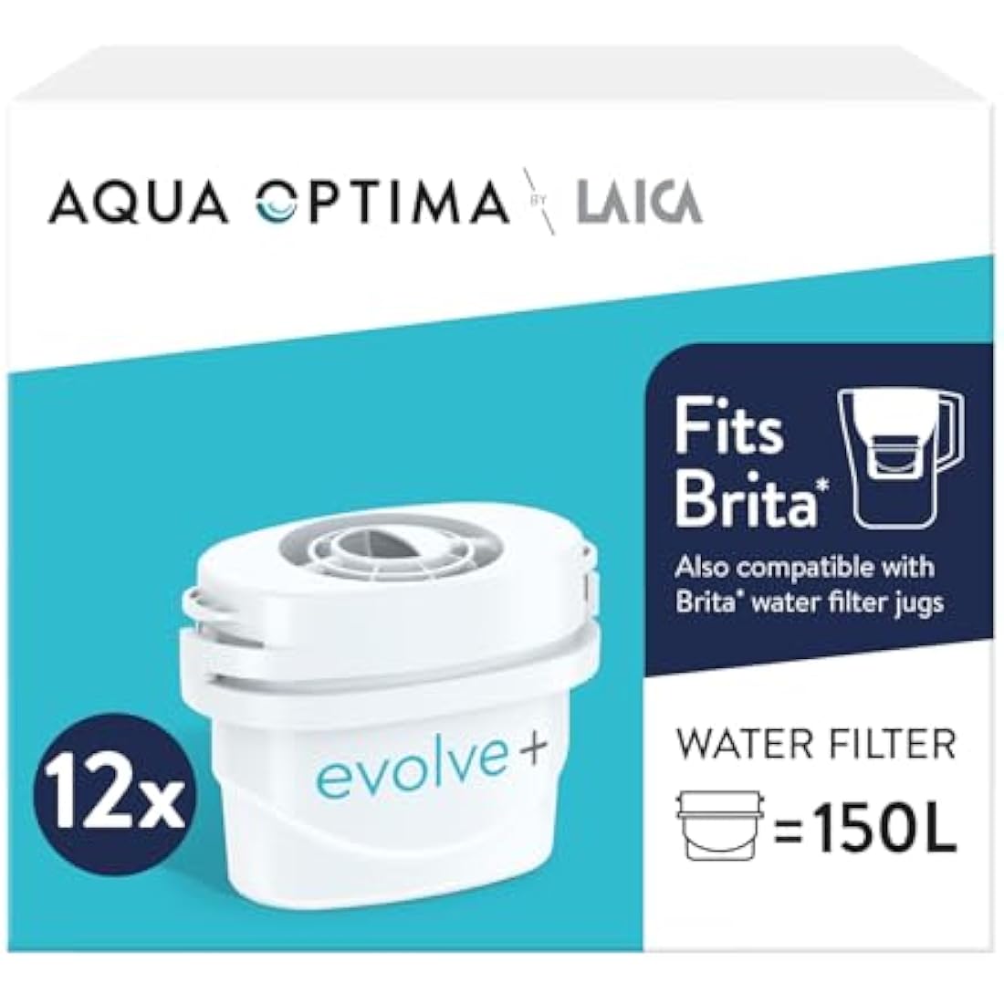 Aqua Optima Evolve+ Water Filter Cartridges 12 Pack - Fits Brita Jugs & Alternative for Maxtra Filters* - Reduces Limescale, Chlorine and Other Impurities - by LAICA (Packaging May Vary)
