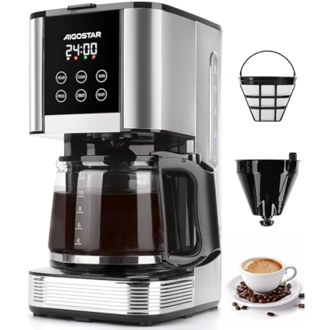 Aigostar Filter Coffee Machine with LED Touch Screen, 1.5L Programmable Coffee Maker with Timer, Regular & Strong Brewing, Pause & Serve, Keep Warm for 40min, Auto Clean, Stainless Steel, 1000W - Cora