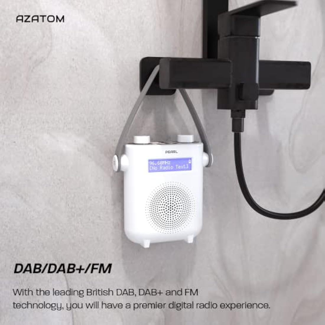 DAB/DAB+ & FM Digital Shower Radio | Bluetooth | IPX5 Waterproof Technology | Rechargeable Battery | Perfect for Home, Bathroom or Outdoors | AZATOM Pearl (White)