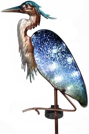 TERESA'S COLLECTIONS Garden Ornaments Outdoor Gifts for Christmas, Decorative Glass Blue Heron Solar Stake Light, Waterproof Metal Bird Solar Garden Light Decor for Lawn,Yard & Pond, 106cm