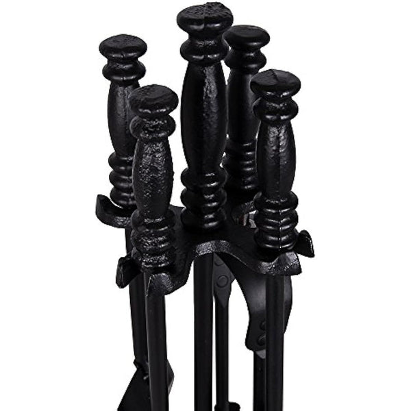 Fire Vida 5 Piece Malham Fireplace Companion Set - Black Steel Fireside Tool Kit with Stand - Includes Poker, Tongs, Brush & Shovel - Ideal for Fireplaces, Wood Burners & Fire Pits