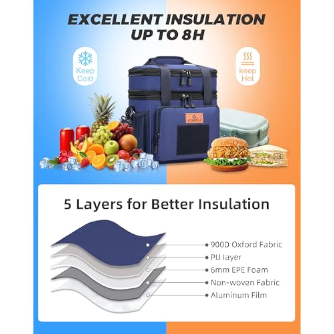 HSHRISH Large Insulated Tactical Lunch Bag for Man, Double Layer Insulated Large Cooler Bag for Men Adults Waterproof Leakproof Durable Lunch Bag for Work Outdoor Picnic 15L, Blue