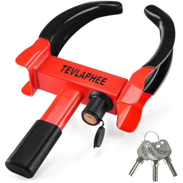 Tevlaphee Wheel Clamp Lock Heavy Duty Anti-Theft, Adjustable Security for Cars, Vans, Motorhomes (Fits 7-11" Tyres), Weatherproof & Vandal-Resistant Design (Black&Red)