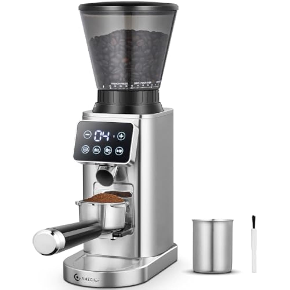 AMZCHEF Electric Coffee Grinder, Burr Coffee Grinders for Home Use, 24 Precise Grind Setting, LED Control Panel, Detachable Portafilter Holder, Stainless Steel Coffee Bean Grinder for Espresso