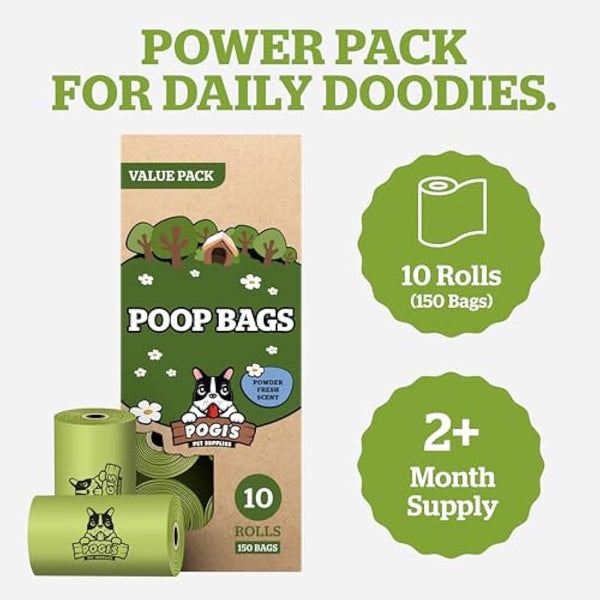Pogi’s Dog Poo Bags – Biodegradable, Ultra Thick, Leak-Proof, Powder Fresh Scent, 150 Bags (10 Rolls)