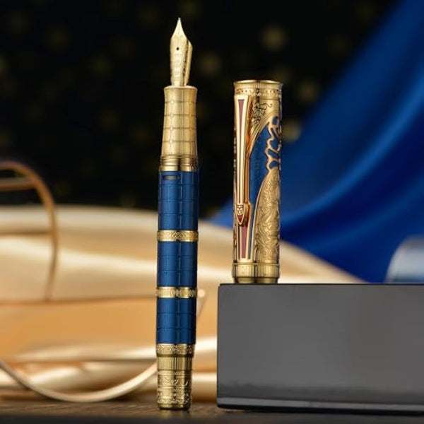 Hongdian D5 Qin Dynasty Fountain Pen Blue Gold, Extra Fine Nib Piston Filling Pen, Retro Chinese Totem Engraving Smooth Writing Pen with Pen Box Set