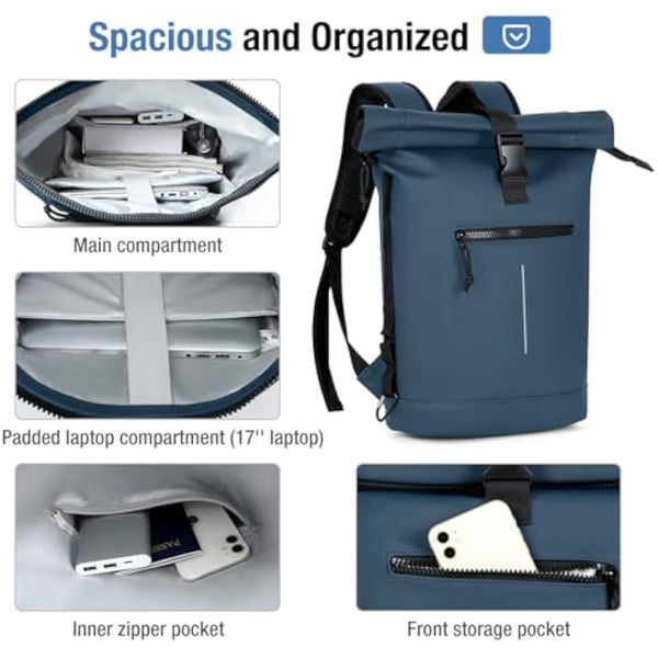 Lekeinchi 17-Inch Waterproof Laptop Backpack for Men and Women - Roll Top Design for School, Travel, Business, Work, and Camping(Blue)