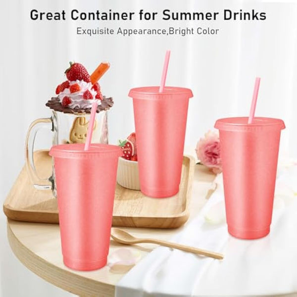24 Pcs Reusable Cups with Lids and Straws 24 oz Glitter Iced Coffee Tumbler Plastic Travel Mug Cup for Smoothie Juices Birthday Sleepover Party Supplies (Light Pink)