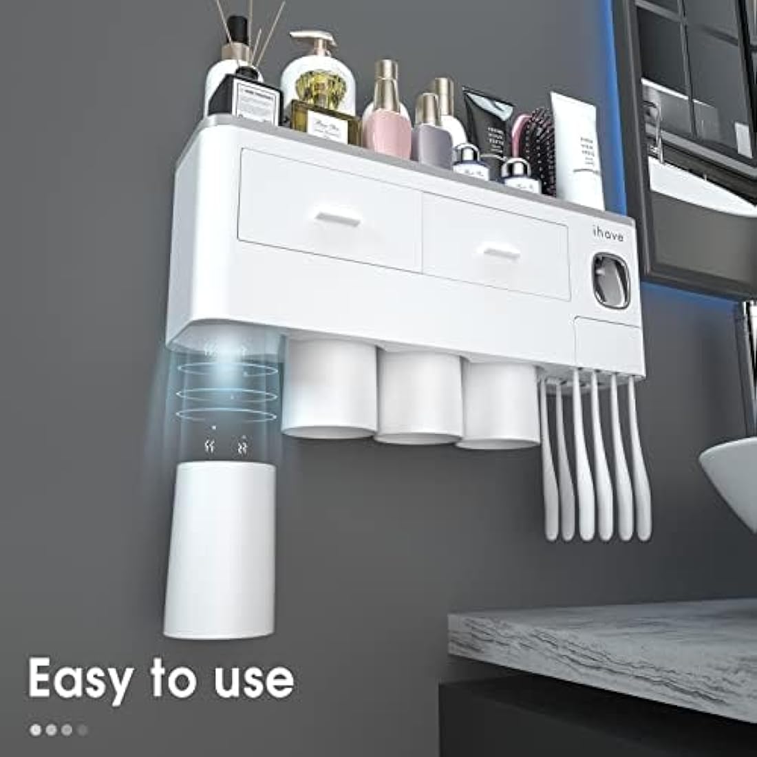 iHave Toothbrush Holders for Bathroom, 4 Cups Toothbrush Holder Wall Mounted with Toothpaste Dispenser - Large Capacity Tray, 2 Cosmetic Drawer - Bathroom Storage & Organisation