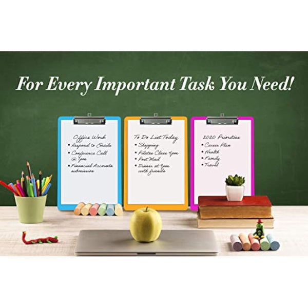 6 Coloured Plastic Clipboards | Strong 12.5 x 9 Inch (A4 Size) Multi Pack Clipboard | Holds 100 Sheets! | Acrylic Clipboards with Low Profile Clip & Heavy Duty Clip Boards | UK Brand