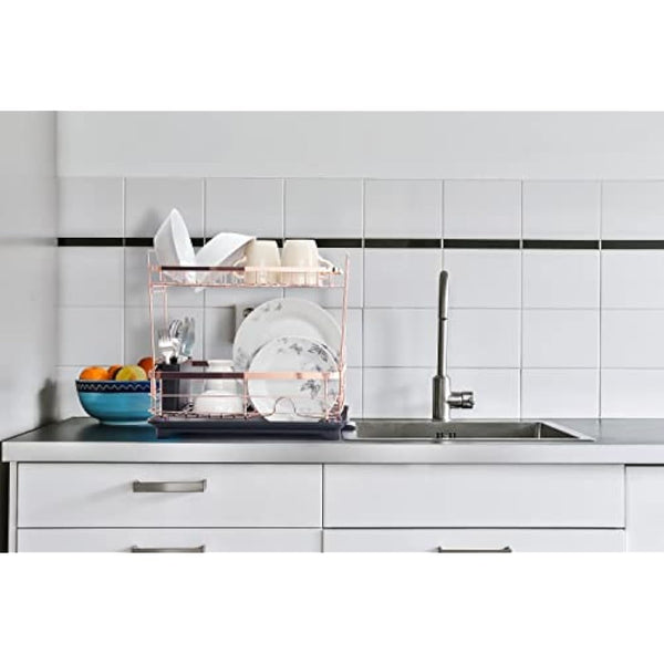 Dish Drying Rack – Rose Gold, 2-Tier Organizer with Dip Tray, Utensil Holder and Large Capacity for Kitchen Countertop