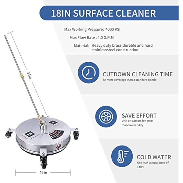 15" Pressure Washer Surface Cleaner with 4 Wheels, Stainless Steel Housing & 1/4" Quick Connector, Power Washer Attachment with 2 Extension Wands, 2 Replacement Nozzles, 4000 PSI (15inch)