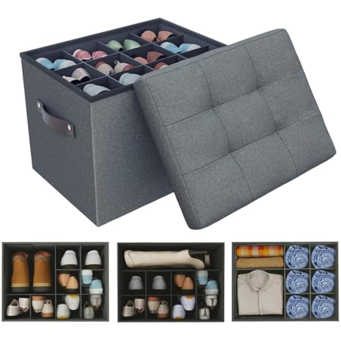 Hoiwio Storage Ottoman Shoe Organiser for Closet - Adjustable Dividers Storage Box for Shoes | Clothes | Toy | Blanket, Foldable Pouffe Footstool Small Bench Shoe Cabinet