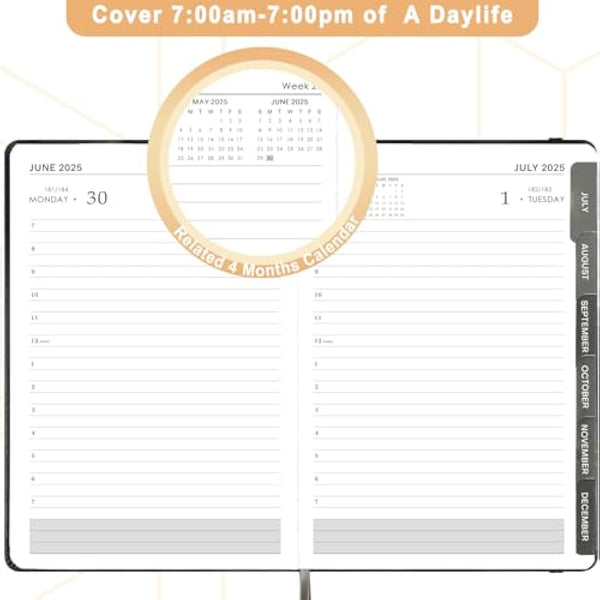 Acadmeic Diary 2025-2026 - A5 Diary 2025-2026 Day Per Page, July 2025 to June 2026, Productivity A5 Daily Planner, with Monthly Tabs, Inner Pocket, Black, Banded, 14.5 X 21 cm