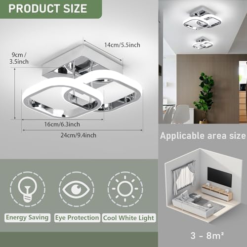 EIDISUNY LED Ceiling Light Modern Ceiling Lamp Silver Square Simple Ceiling Light Fixture LED for Corridor Kitchen Stairs Hallway Study Room Bedroom Living Room - Chrome 22W （Cool White Light 6000K