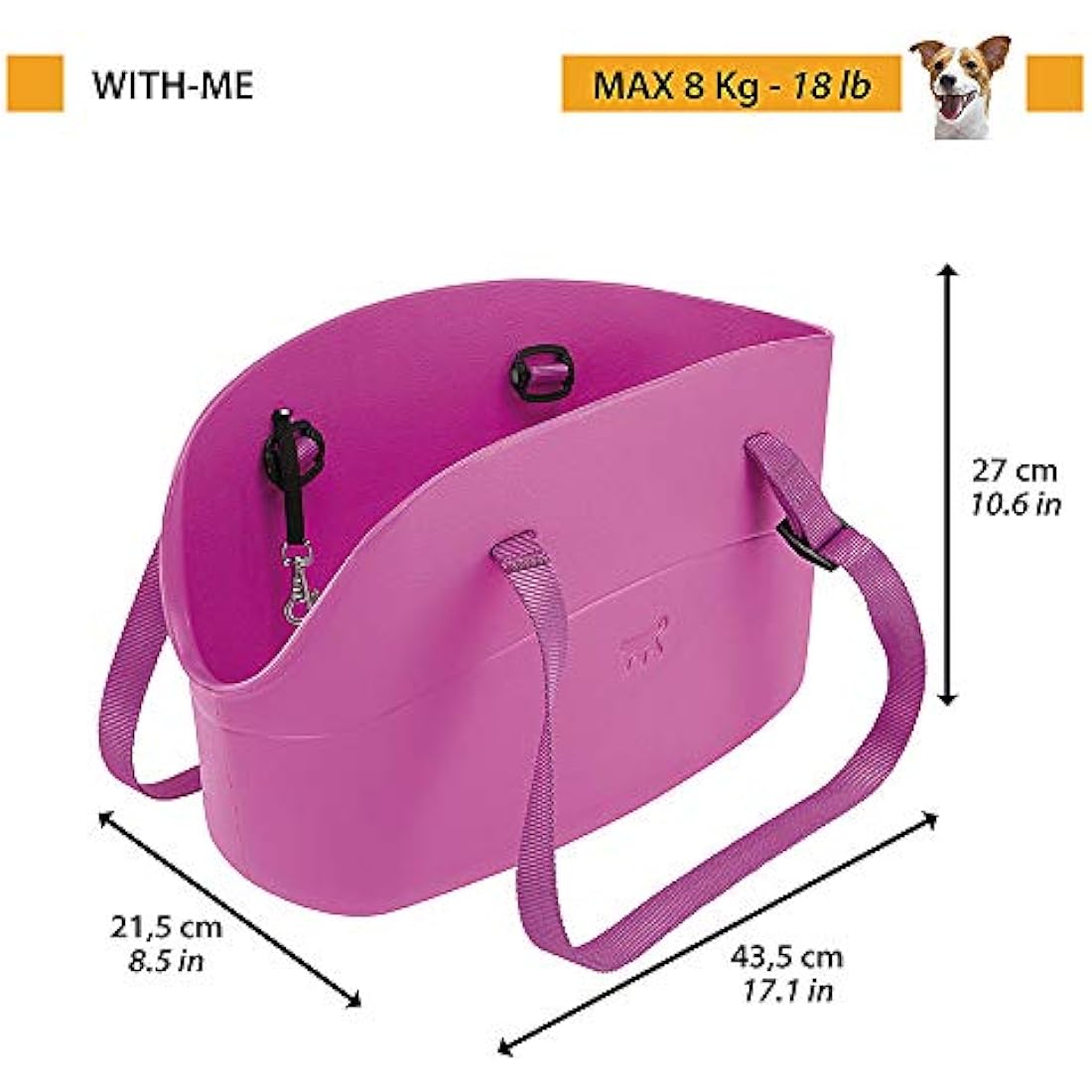 Ferplast Carrier bag for small dogs WITH-ME, EVA, Soft rubber plastic, washable, Adjustable handles, Safety belt included, 21.5 x 43.5 x h 27 cm Dove grey