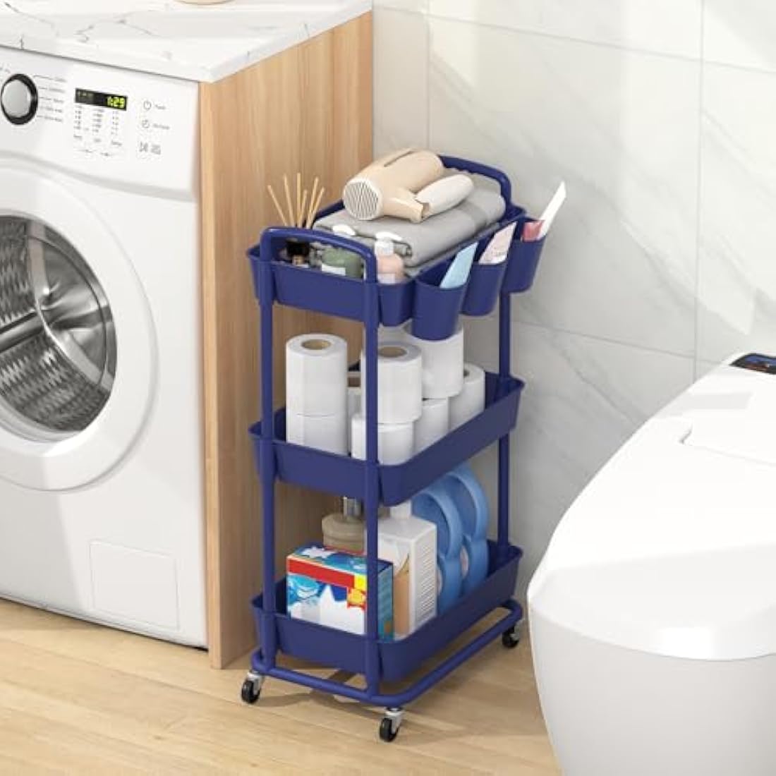 JIUYOTREE 3-Tier Plastic Rolling Storage Cart Utility Cart with Extra Hanging Cups Handles Lockable Wheels for Living Room Bathroom Kitchen Office Blue