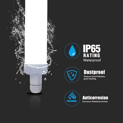 Sundertech 5FT Waterproof LED Batten Light, Pack of 2 with Built-in Connector for Shed, Workshop and Warehouse. 45W, 6500K Cold White Integrated Tube Light, IP65 Rated.