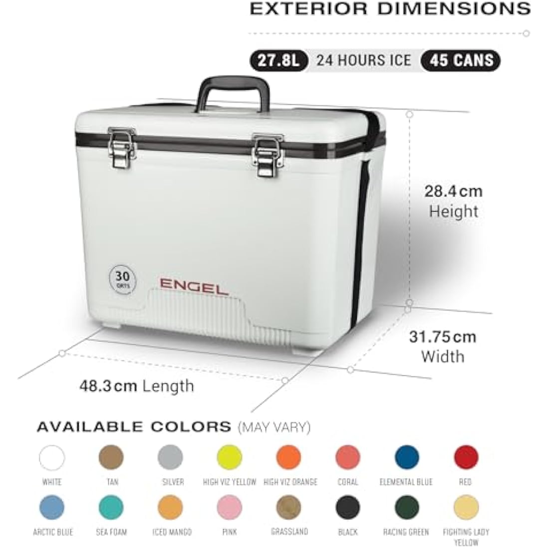 ENGEL Cooler Box 28.4 L - Leak-Proof, Air Tight, Drybox Cooler for Camping, Fishing, Hiking,Picnic - Mini Ice Boxes Large Enough for 30 Cans, 48.3 x 31.7 x 36.8 CM Small Cool Box for Drinks and Food