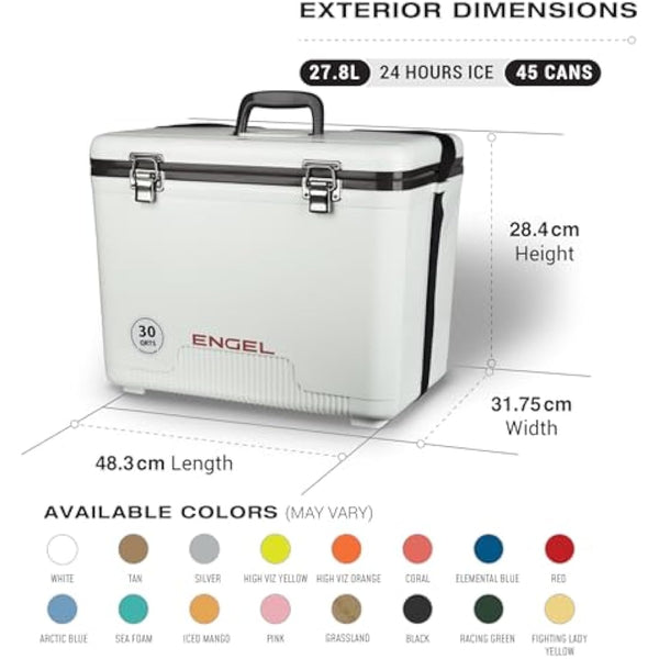 ENGEL Cooler Box 28.4 L - Leak-Proof, Air Tight, Drybox Cooler for Camping, Fishing, Hiking,Picnic - Mini Ice Boxes Large Enough for 30 Cans, 48.3 x 31.7 x 36.8 CM Small Cool Box for Drinks and Food