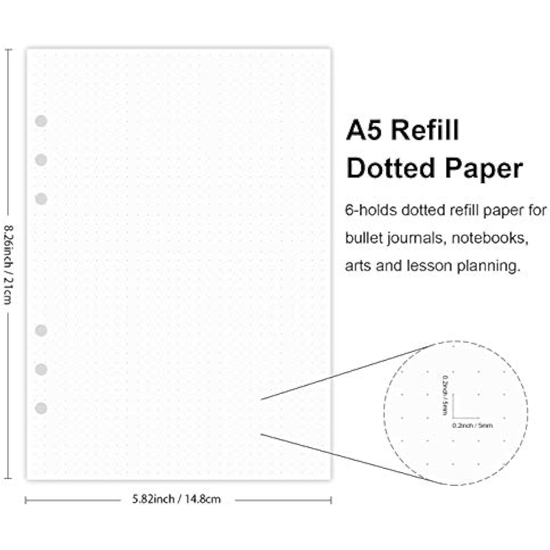 A5 Dotted Refills Paper for Filofax Planner/Binders, 100 Sheets/200 Pages, 100gsm White Paper, 6 Hole Loose Leaf Paper, 14.8x21cm
