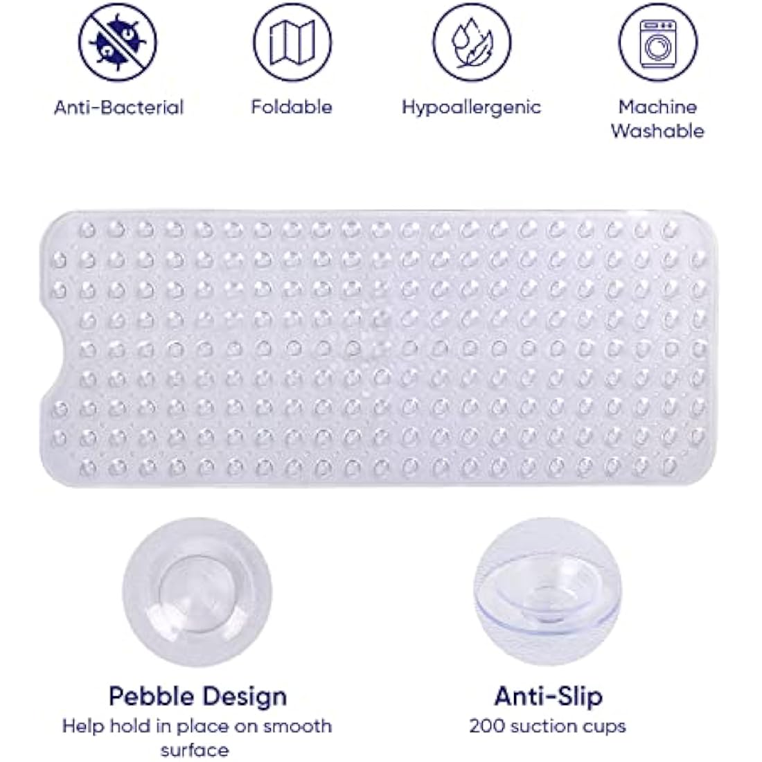 MOONLIGHT20015 Shower Bath Mat Non Slip Anti Mould & Mildew with Strong Suction Cups Grip and Drain Holes Soft Rubber Shower Mats - PVC Bathroom Mat Machine Washable (100x40cm, Clear)