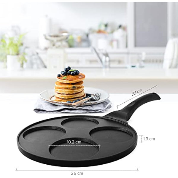 Joejis 4 Hole Pancake Pan 26cm - Non Stick and Induction Suitable - Mini Egg Crepe Tadka Pan - Lightweight Cast Aluminium - Pancake Frying Pan - Black