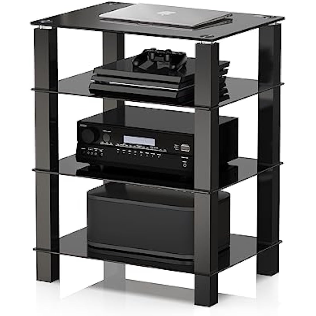 FITUEYES HiFi Rack AV Shelf 4-Tiers Glass TV Stand with Tempered Glass Media Storage Shelves Black