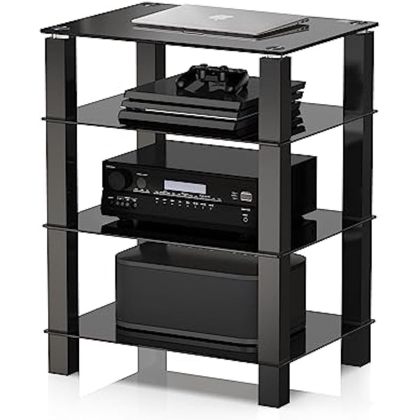 FITUEYES HiFi Rack AV Shelf 4-Tiers Glass TV Stand with Tempered Glass Media Storage Shelves Black