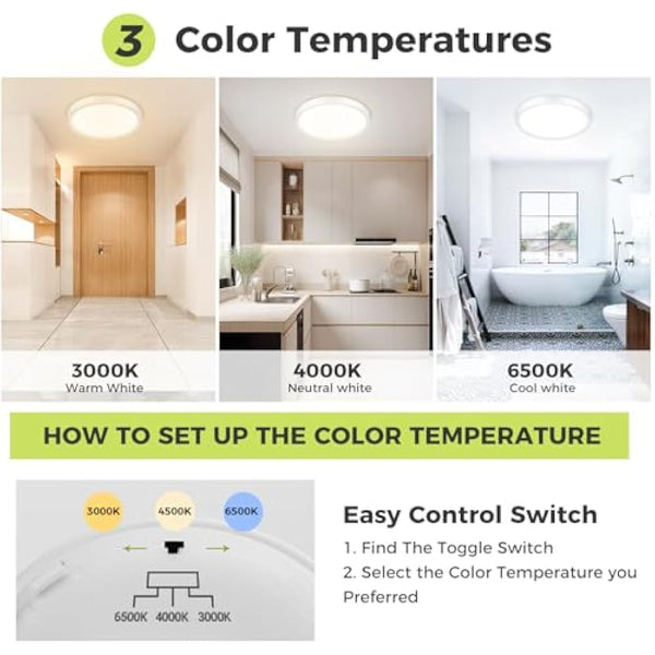 hepside LED Ceiling Light,3000K/4000K/6500K 3 Color Temperature, Waterproof IP54 LED Ceiling Lamp, Modern,Round Flush Ceiling Light for Bathroom, Living Room,Bedroom, Kitchen, Hallway, Office