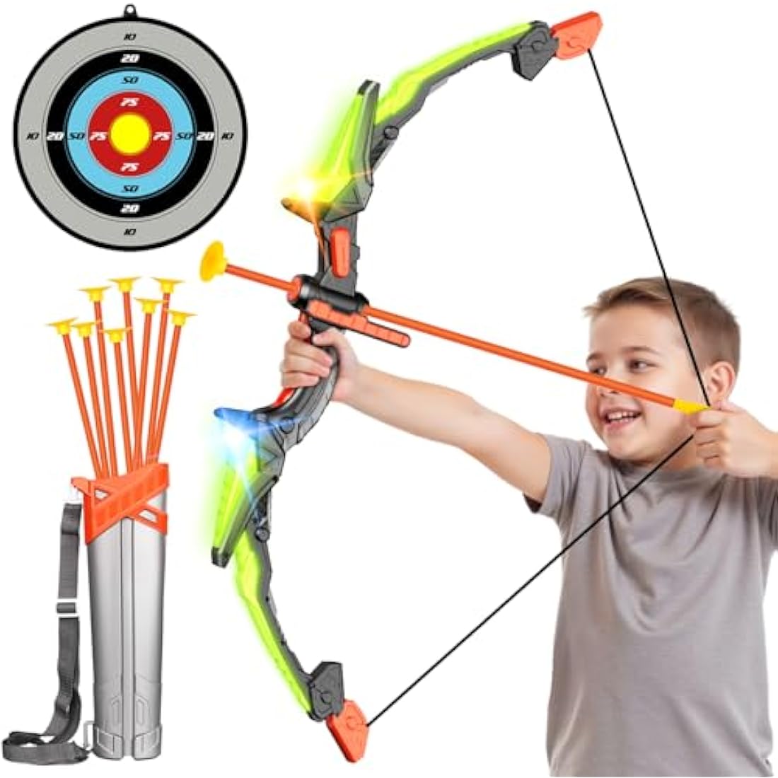 Hollyhi Bow Arrow Set for Kids, LED Light Up Archery Set Toys with 10 Arrows, Indoor Outdoor Shooting Games Hand-eye coordination Birthday Gifts for 5 6 7 8 9 10 11 12 13 14 Year Old Boys Girls