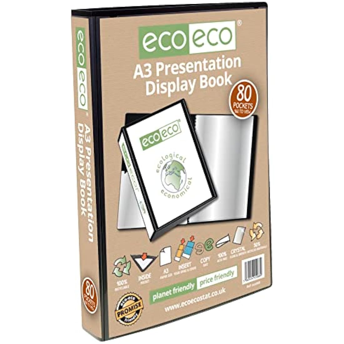 eco-eco A3 Size 50% Recycled 80 Pockets Black Presentation Display Book, Storage Case Portfolio Art Folder with Plastic Sleeves, eco068