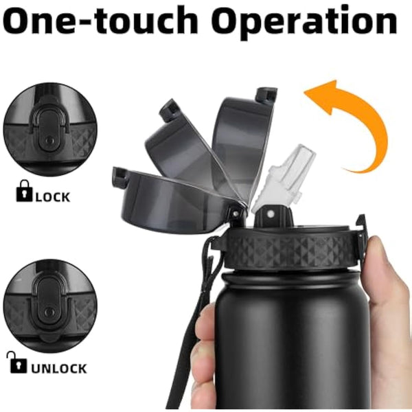 OLDLEY Stainless Steel Water Bottle with Straw 1L Vaccum Insulated Large Drink Flask Metal Water Bottles 1 Litre Leakproof Keep Drinks Hot Cold for Bike Sports Gym Adult Women Men(Black,1 Lid)