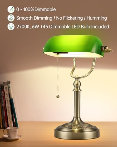 Newrays Green Glass Bankers Desk Lamp, Stepless Dimmable Table Lamp Plug in Fixture for Study, Office, LED Bulb Included