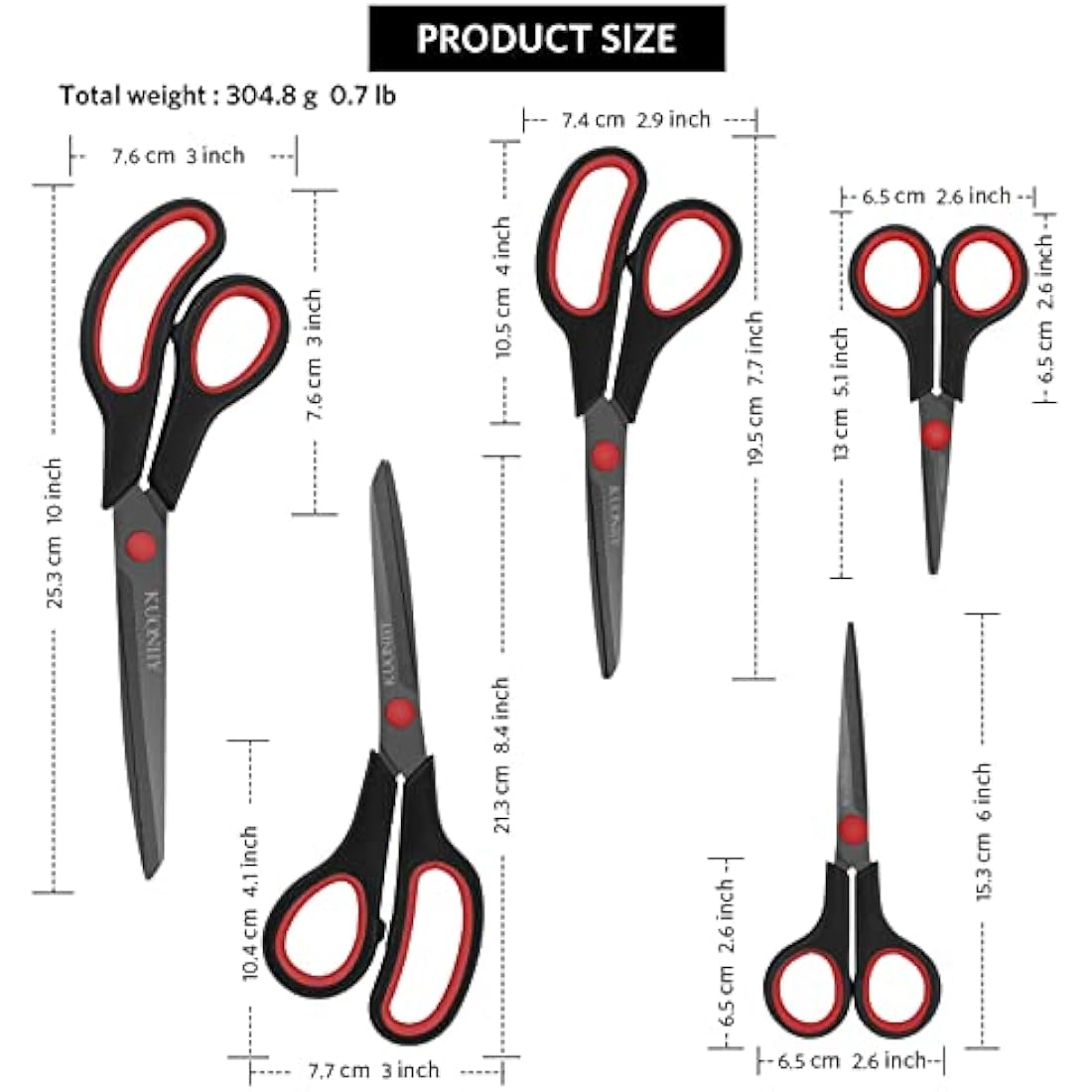 KUONIIY Scissors Ultra Sharp Blades Soft Comfort-Grip Handles Multi-Purpose Scissors Set of 5, BlackRed