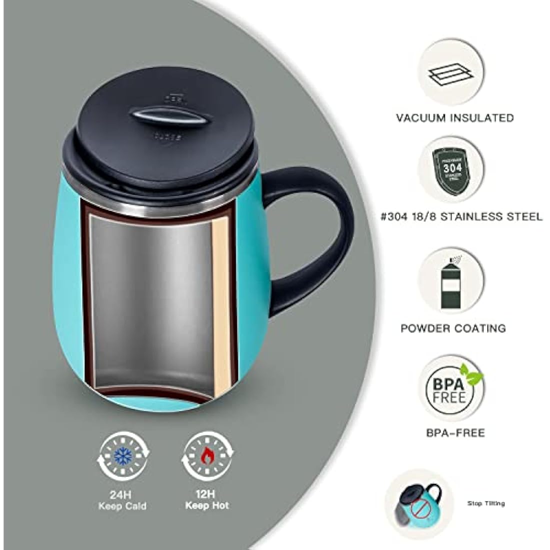 Ideus Coffee Mug 470ml (16oz), Double Wall Vacuum Insulated Stainless Steel Coffee & Tea Cup w/Non-Slip Handle & Slider Module Lid & Large Volume (Light Blue)