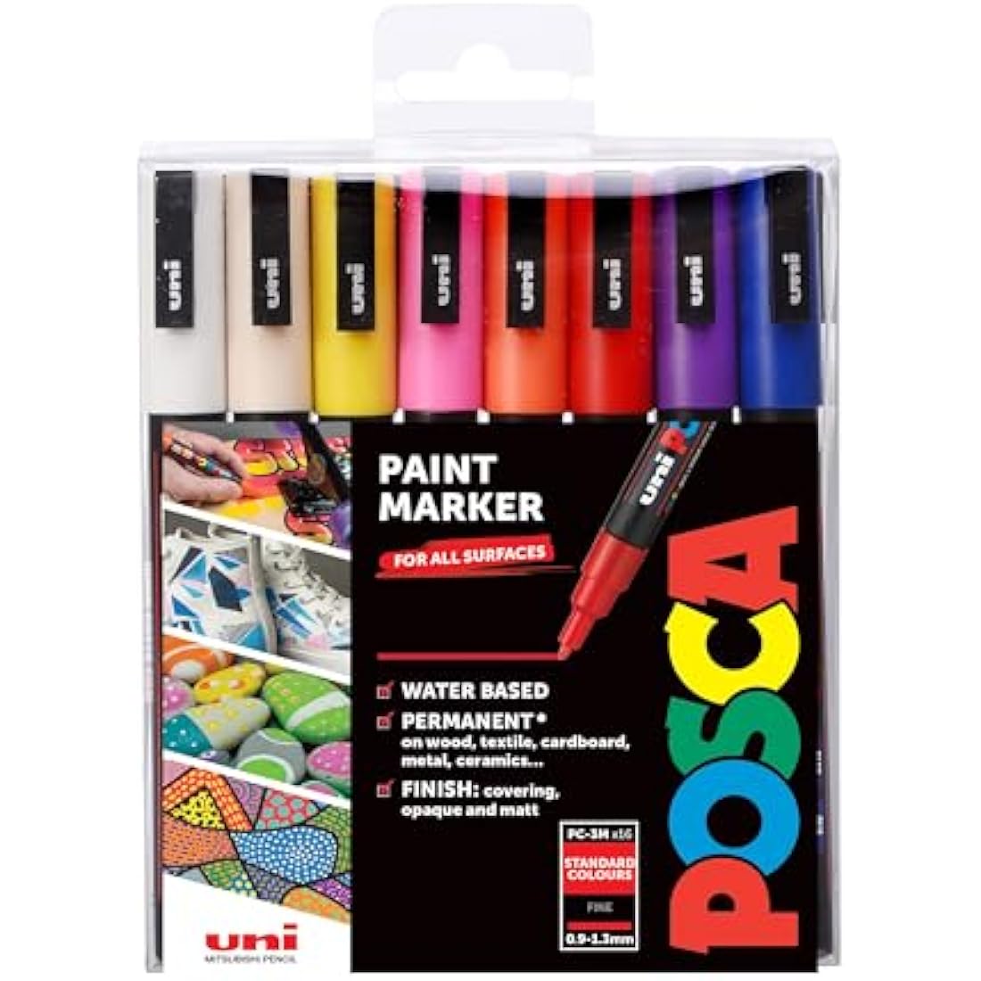 Posca Pens PC-3M Fine Acrylic Felt Tip Coloured Permanent Paint Markers for Adults and Kids. Perfect for Colouring, Fabric, Graffiti, Watercolour, Outline Drawing, Window and Glass Art. 16 Pack