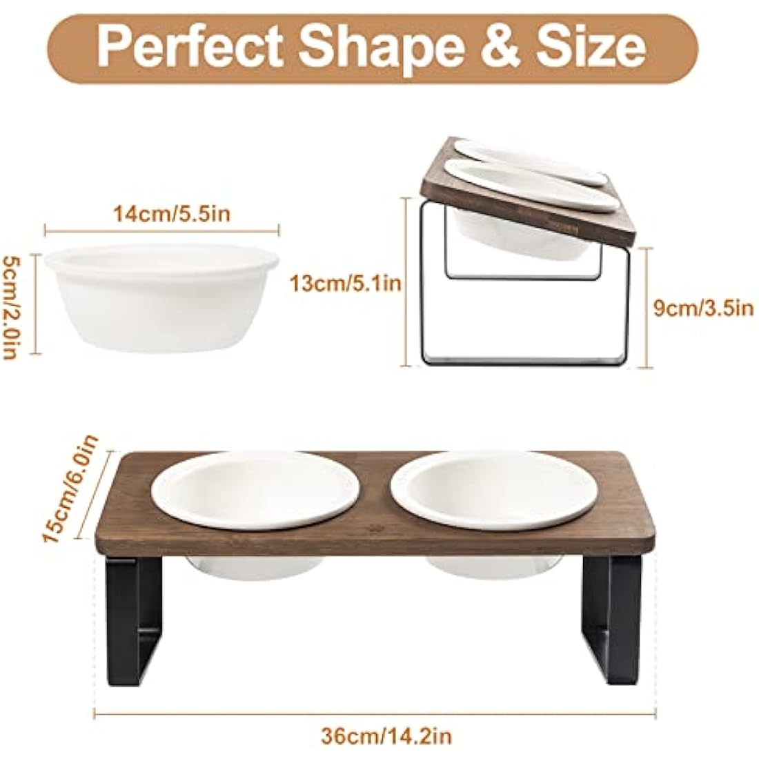 GUUSII HOME Raised Cat Food Bowl Elevated Kitty Dish 2 Ceramic Bowls Dia 14cm Bamboo Stand 15°Tilted Anti Vomiting Indoor Cats Double Dishes Feeding Station Kitten Puppy Easy to Assemble & Clean