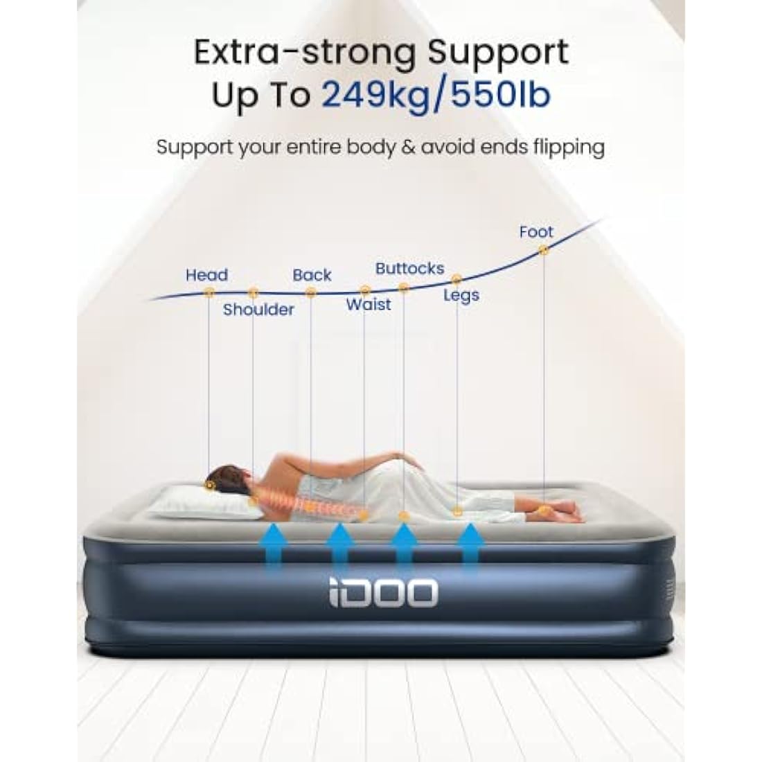 iDOO Single Air Bed, Inflatable Mattress with Built-in Pump, 3 Mins Quick Self-Inflation/Deflation Blow Up Air Mattress, Comfortable Top Surface for Home Portable Camping Travel 188x99x38cm 249kg MAX