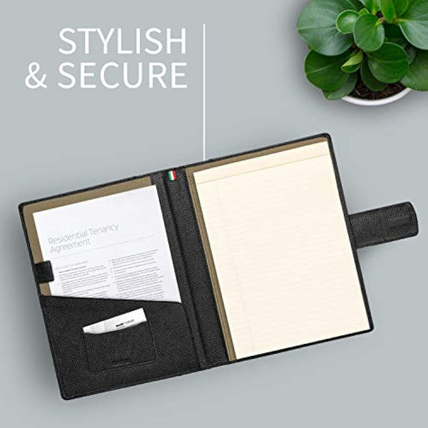 Document Holder in 100% Genuine Full Grain Hammered Leather - Handmade by Expert craftspeople - Spacious and Safe, Perfect for Meetings and Lessons - with Magnetic Closure - Black