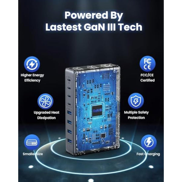 200W USB C Charger Block,GaN III 8-Ports USB C Charging Hub,QC4.0 Fast Phone Charging Station+PD 65W Laptop Charger Compatible with MacBook Pro/Air,DELL,iPhone 16 Pro/15,Galaxy S24/S23,Steam Deck