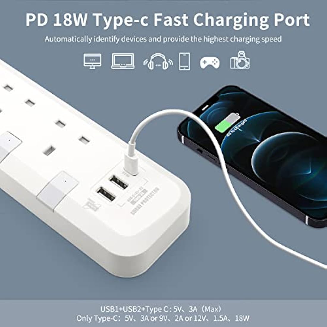 Extension Lead with USB Slots, 3m Long Heavy Duty Cable Extension Cord, Surge Protected Extension Plug with PD18W QC 3.0 USB Ports, 3 Metre 4 Way UK 13a Plug Extension Sockets Power Strip with Switch