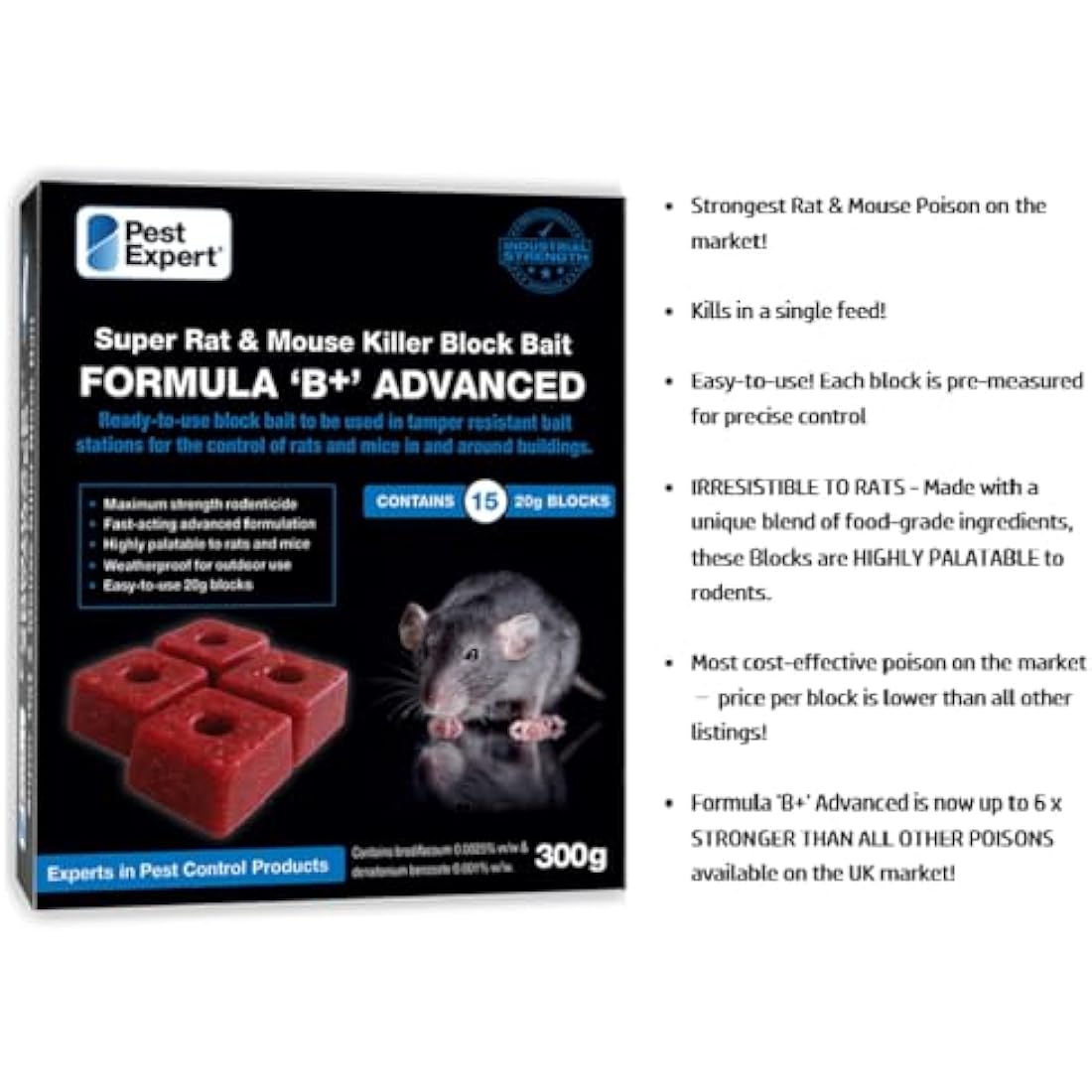 Pest Expert Formula 'B+' Advanced Rat & Mouse Killer Poison Bait Blocks Super Strength 600g (2 x 300g) - Premium Single Feed Brodifacoum, Strongest Available Online (1)