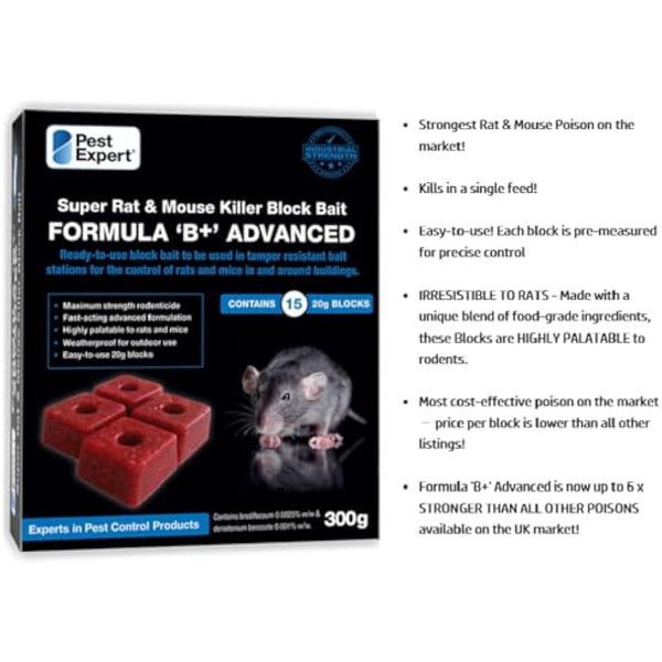 Pest Expert Formula 'B+' Advanced Rat & Mouse Killer Poison Bait Blocks Super Strength 600g (2 x 300g) - Premium Single Feed Brodifacoum, Strongest Available Online (1)