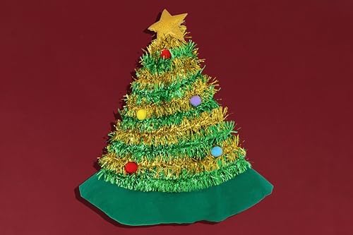 HENBRANDT Adult Christmas Tree Hat with Tinsel and Gold Star Topper 43cm | 17inch Christmas Holiday Party Headwear Fun Gift Xmas Fancy Dress Costume Accessory Novelty Hats for Men and Women