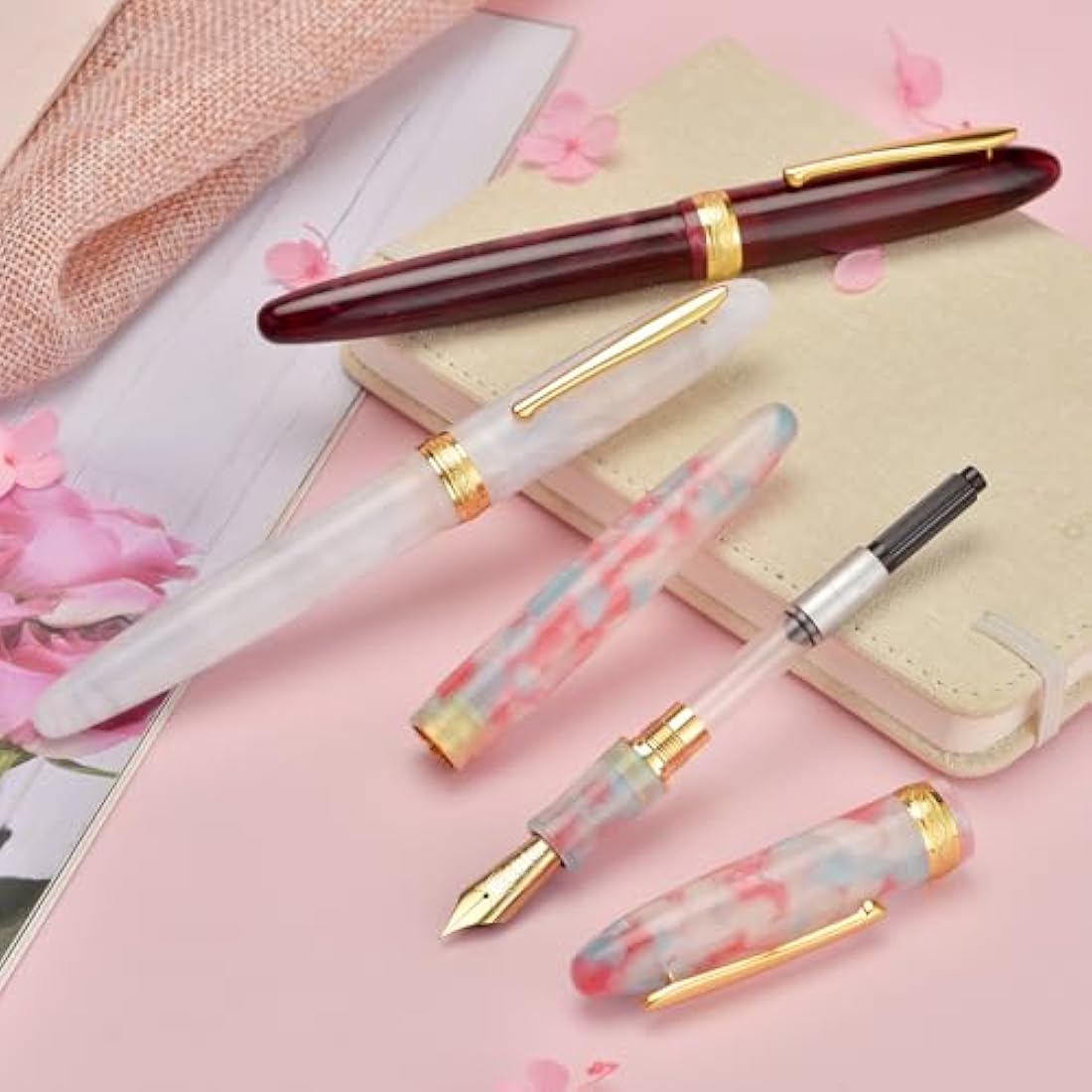 Hong Dian N9 Fountain Pen, Long Leaf Medium Point Gold Ornaments, Jade White and Acrylic Design with Converter and Metal Feather Box Set