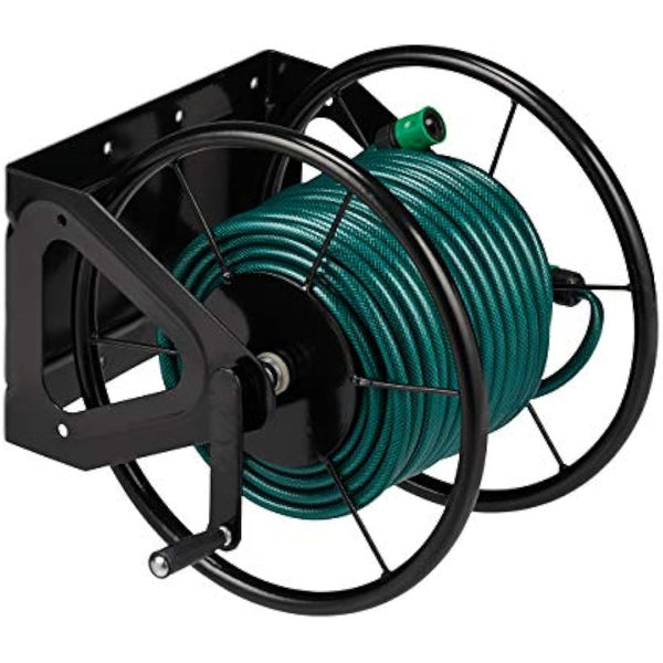 Relaxdays Hosepipe Reel Wall-mounted, Holder With Crank, For 60 m Hose Pipes, Steel, HWD: 41.5 x 54 x 45 cm, Black